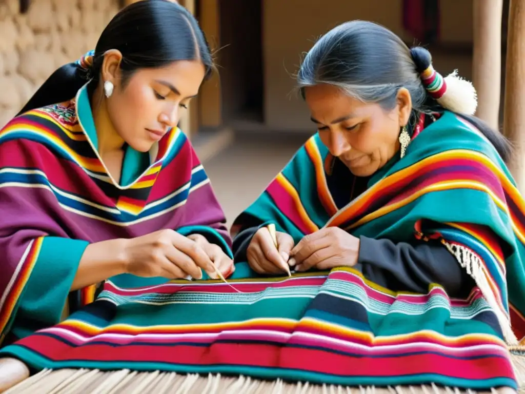 Andinos tejiendo patrones tradicionales en coloridos ponchos, revelando el origen y significado de patrones andinos