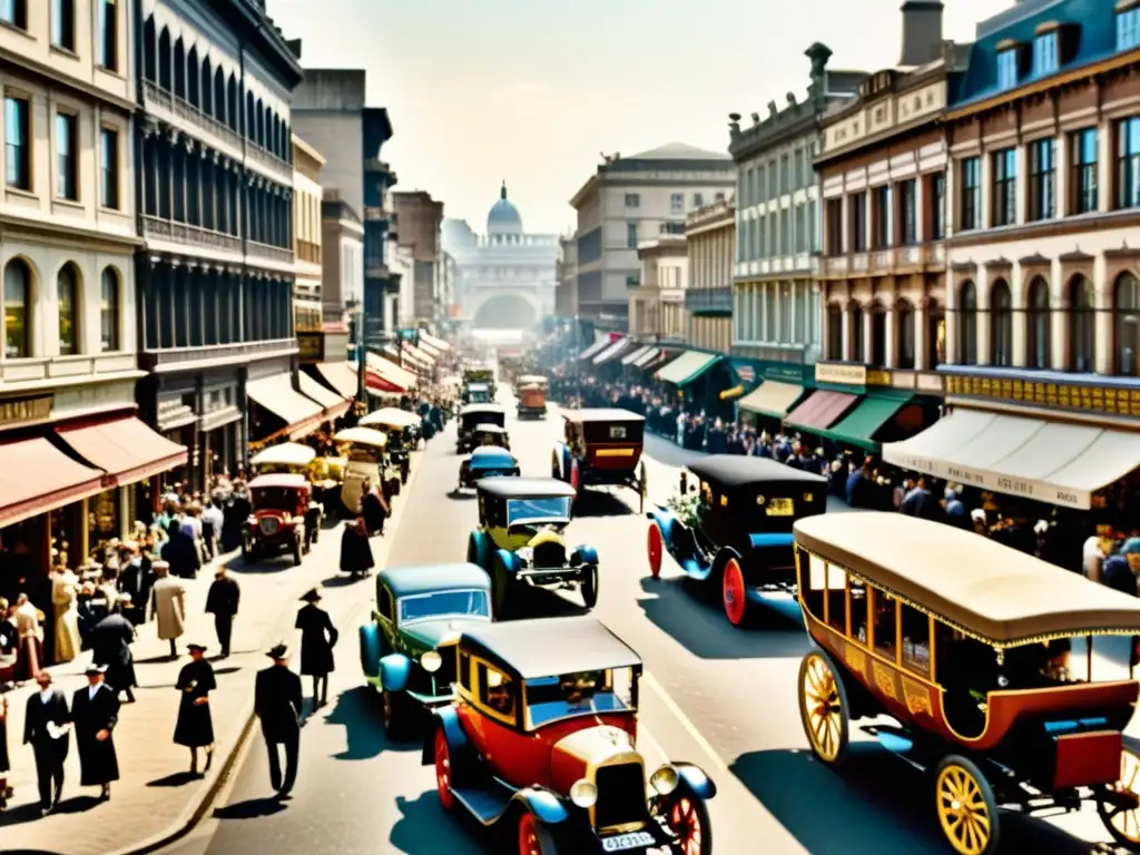 Una animada calle de ciudad vintage, con personas de diferentes fondos y actividad comercial