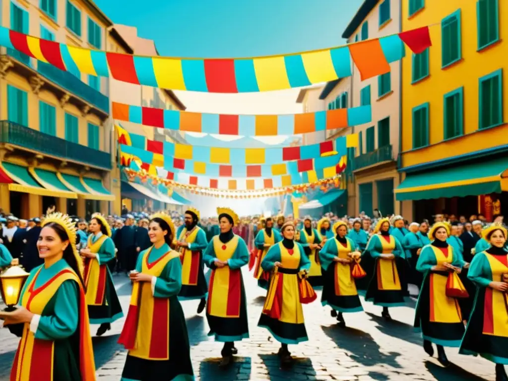 Una animada procesión callejera durante el modernismo catalán, con trajes tradicionales, música festiva y patrones artísticos