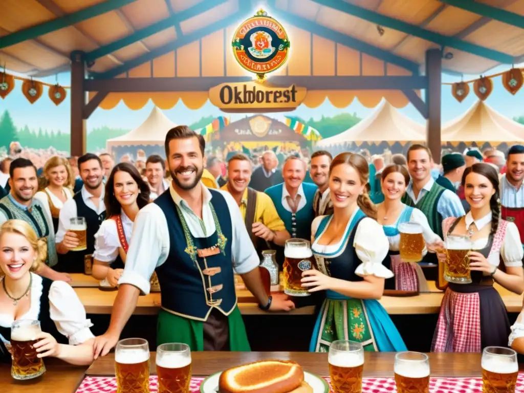 Una animada celebración de Oktoberfest con trajes tradicionales bávaros, cervezas y música en vivo