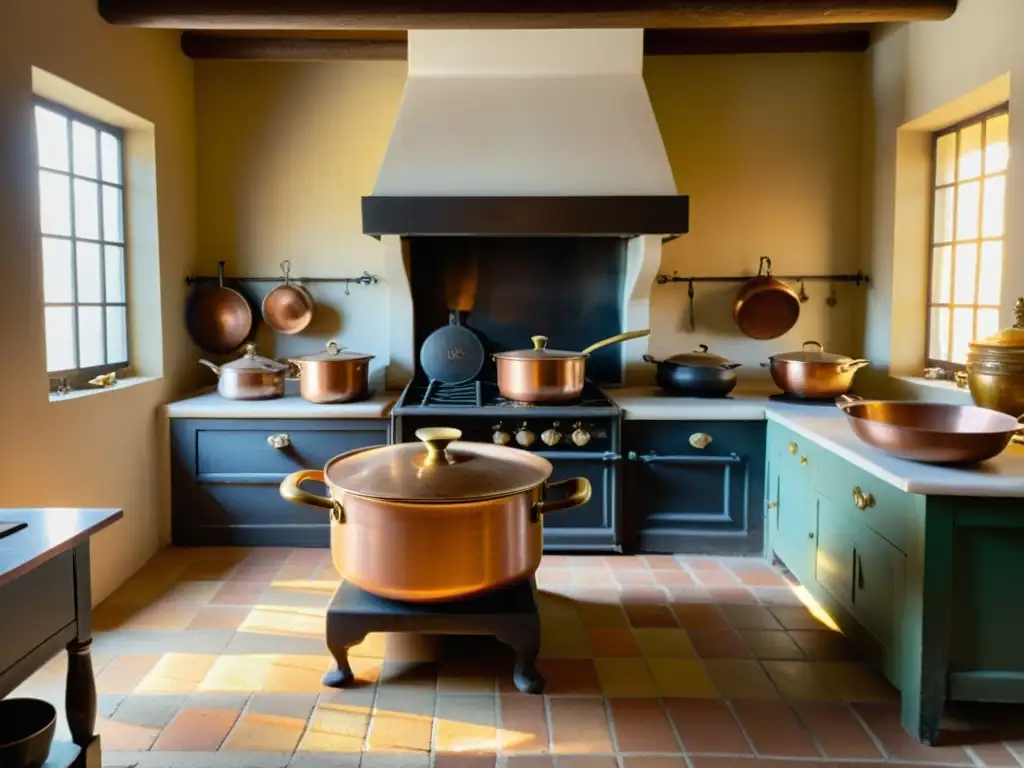 Una animada cocina tradicional llena de utensilios de cobre y chefs preparando platos clásicos