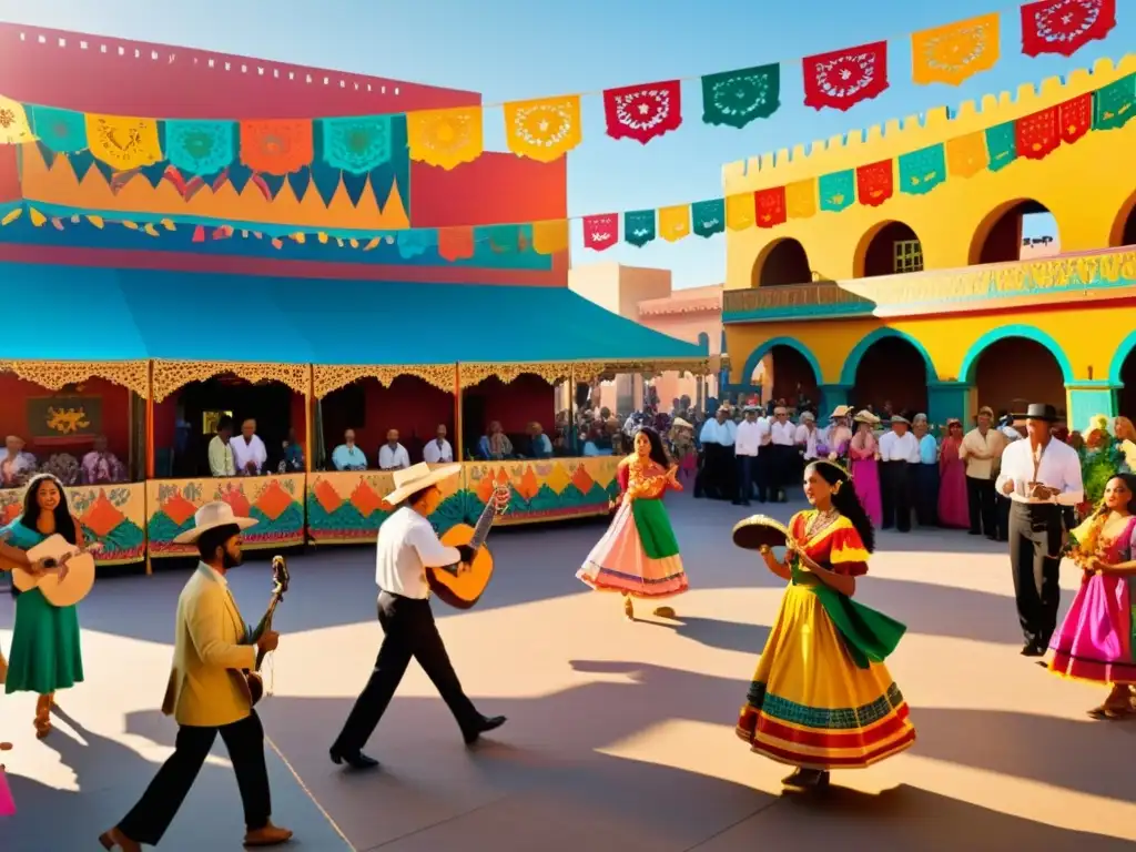 Una animada escena de arte popular en fiestas patronales, con música, baile y coloridas decoraciones en una plaza llena de gente