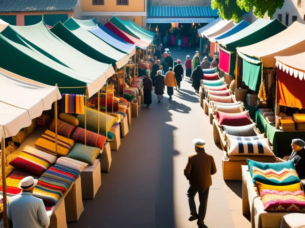 Animado mercado tradicional con artesanos exhibiendo auténticos patrones textiles