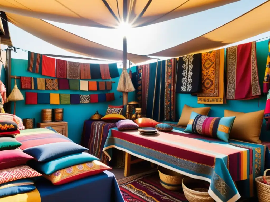Un animado puesto de mercado con textiles y artesanías étnicas, resaltando la importancia de patrones vibrantes en el merchandising étnico