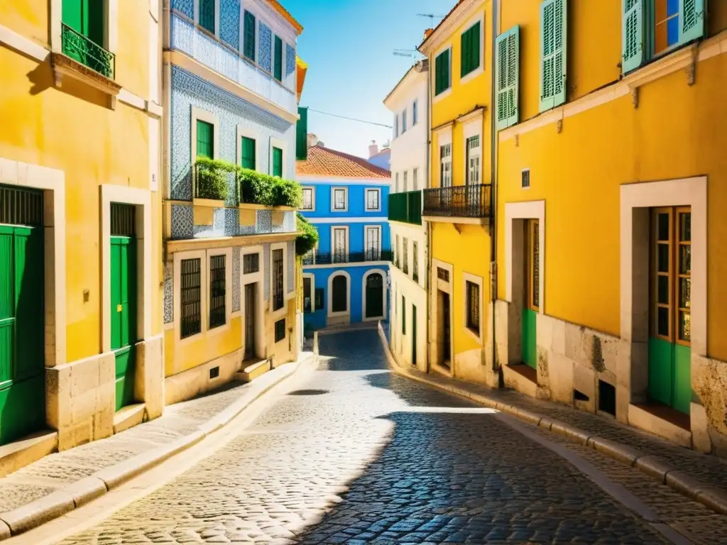 Un antigua calle empedrada de Lisboa con patrones azulejos, laberintos y cálida luz dorada