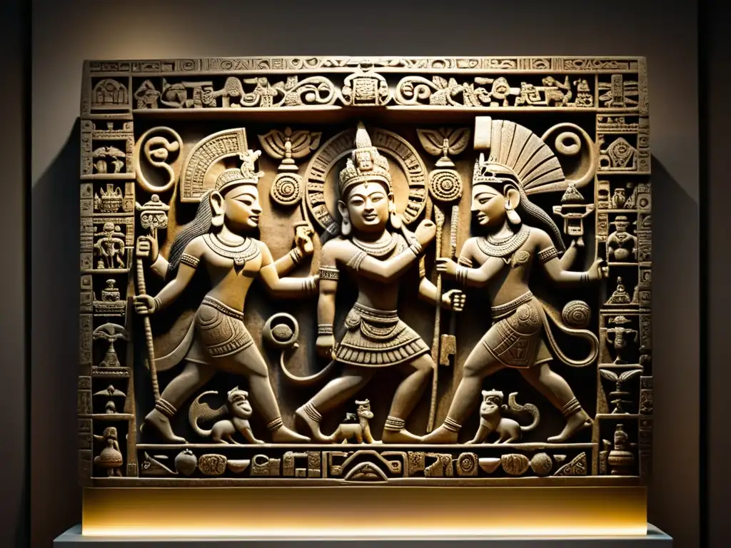 Una antigua y detallada escultura maya en relieve, con patrones artísticos de civilizaciones antiguas, expuesta en un museo con iluminación tenue