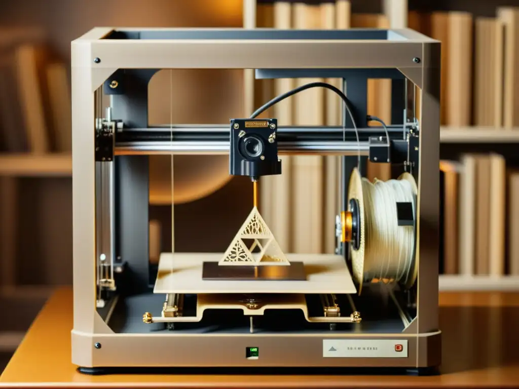 Impresora 3D vintage creando patrones geométricos Antigua impresora 3D creando patrones artísticos sobre libros antiguos, fusionando conocimiento tradicional con tecnología moderna