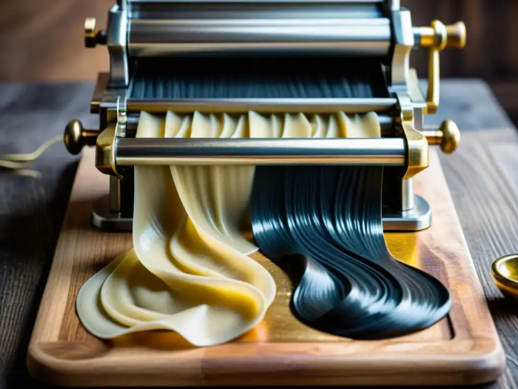 Una antigua máquina de hacer pasta con detalles artísticos en pasta negra, creando patrones hipnóticos