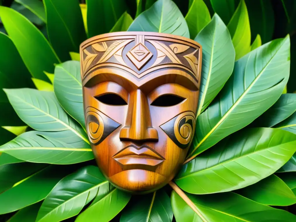Antigua máscara polinesia tallada a mano sobre hojas tropicales, con patrones en madera de Polinesia y una rica herencia cultural