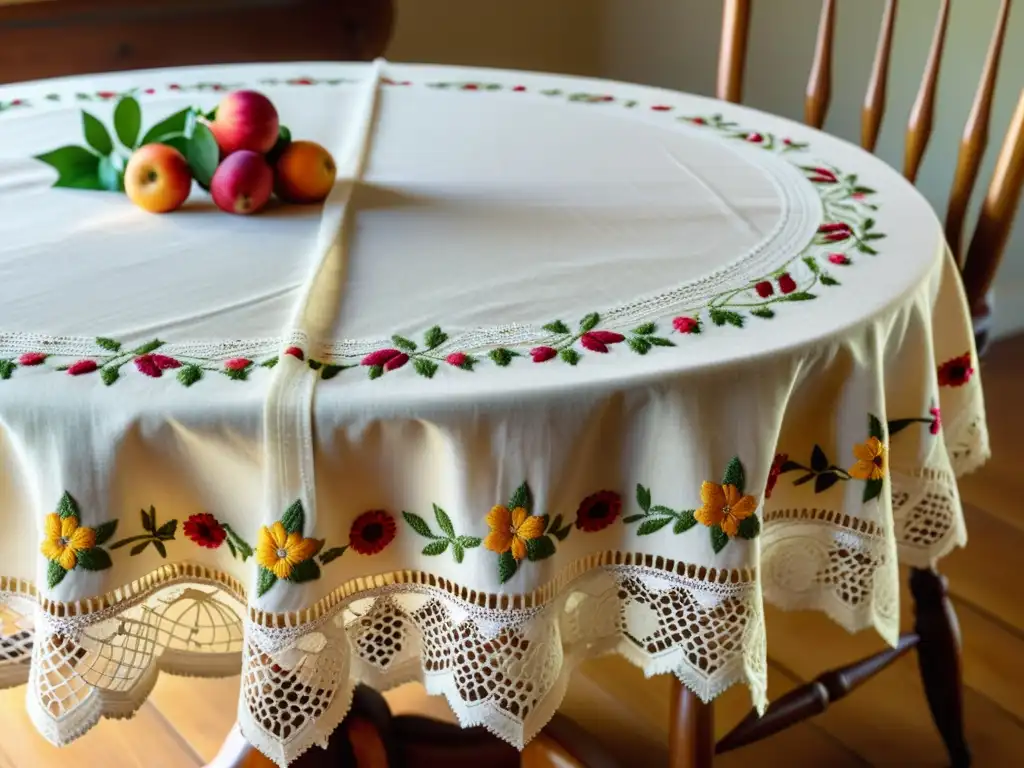 Una antigua mesa con textil de mesa bordado delicadamente, rodeada de cubiertos de plata y vajilla fina