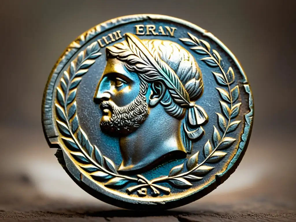 Moneda romana antigua: detallada y evocadora Una antigua moneda romana desgastada con patrones detallados de laureles, bustos imperiales y grabados de animales, evocando historia y significado