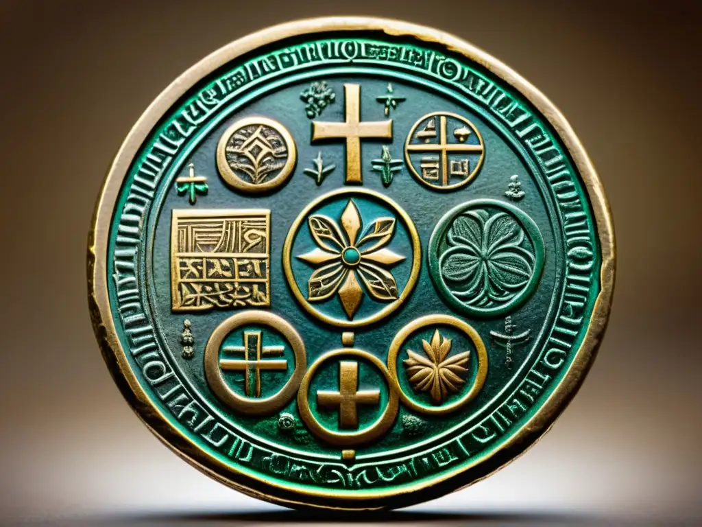 Antigua moneda religiosa: símbolos y figuras sagradas Una antigua moneda con símbolos religiosos y diseños detallados, mostrando el significado de patrones en monedas y su importancia cultural e histórica