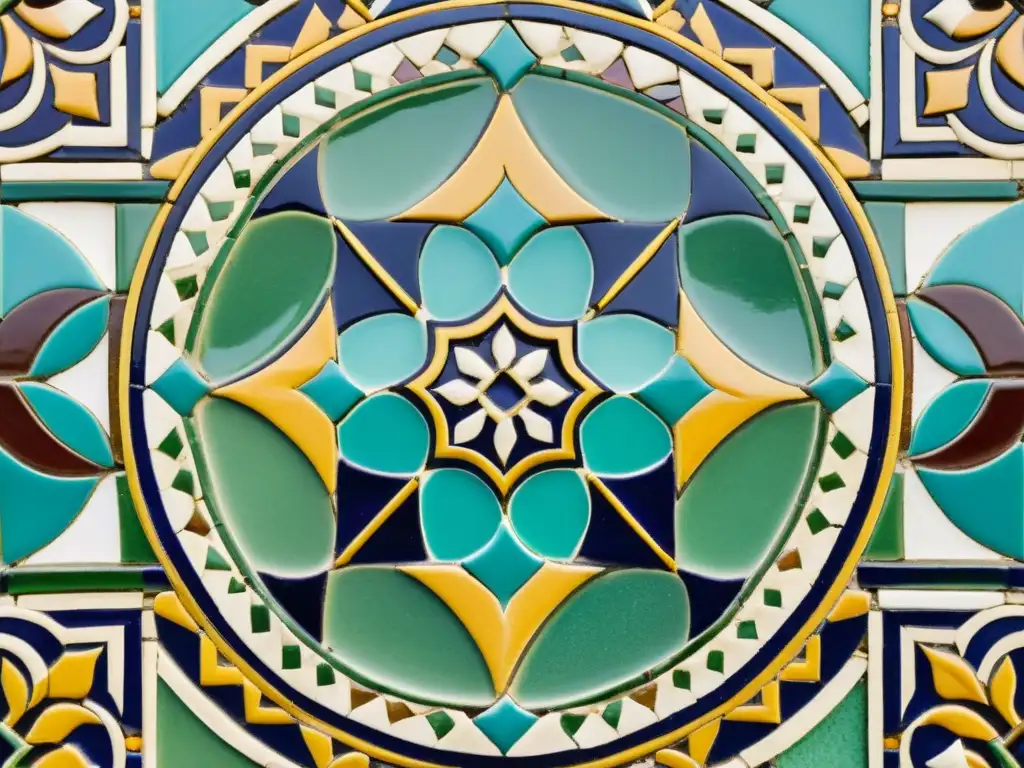 Una antigua obra maestra de mosaico árabe de colores vibrantes y patrones geométricos, reflejando la influencia en cerámica y porcelana