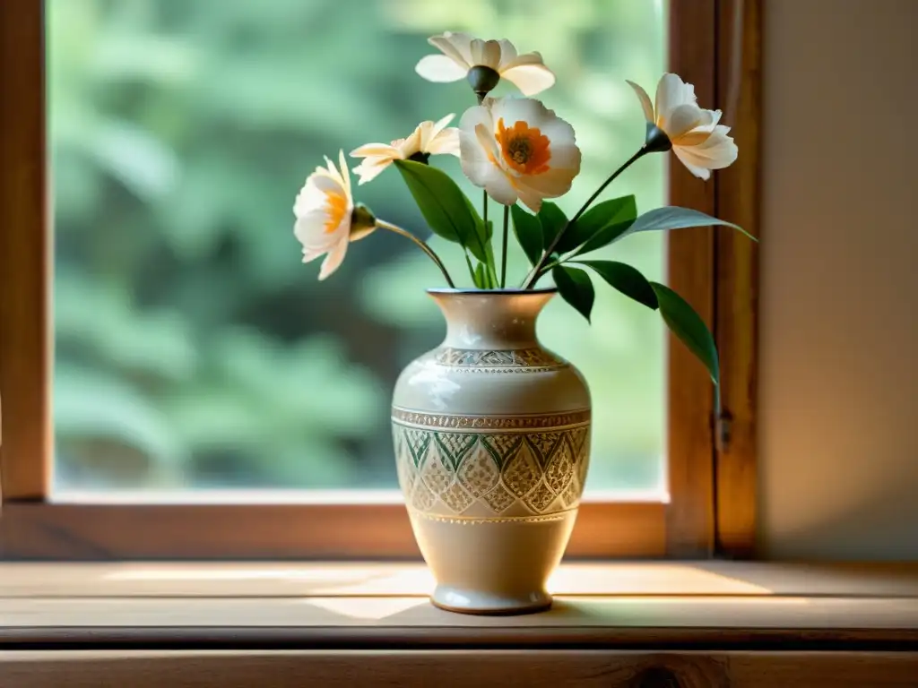 Una antigua pieza cerámica con detalles florales en una mesa de madera