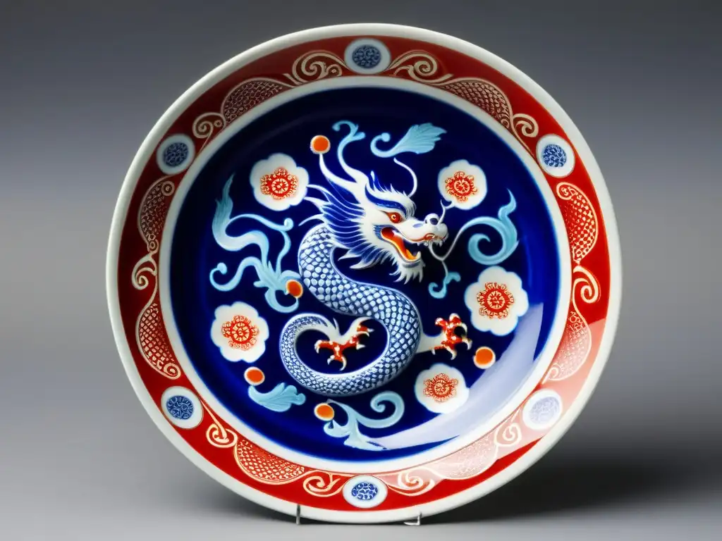 Una antigua placa de cerámica china con intrincados motivos de dragón y fénix en vibrante esmalte azul y rojo