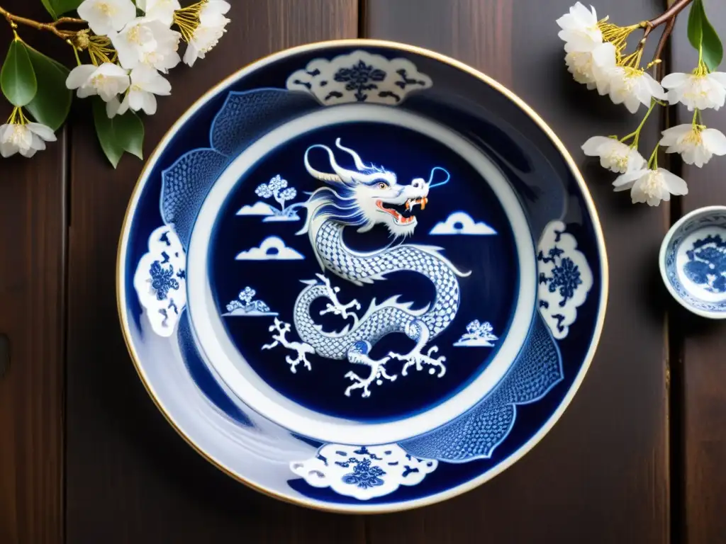 Una antigua placa de porcelana china con intrincado motivo de dragón en azul y blanco, rodeada de delicadas flores de cerezo y filigrana dorada