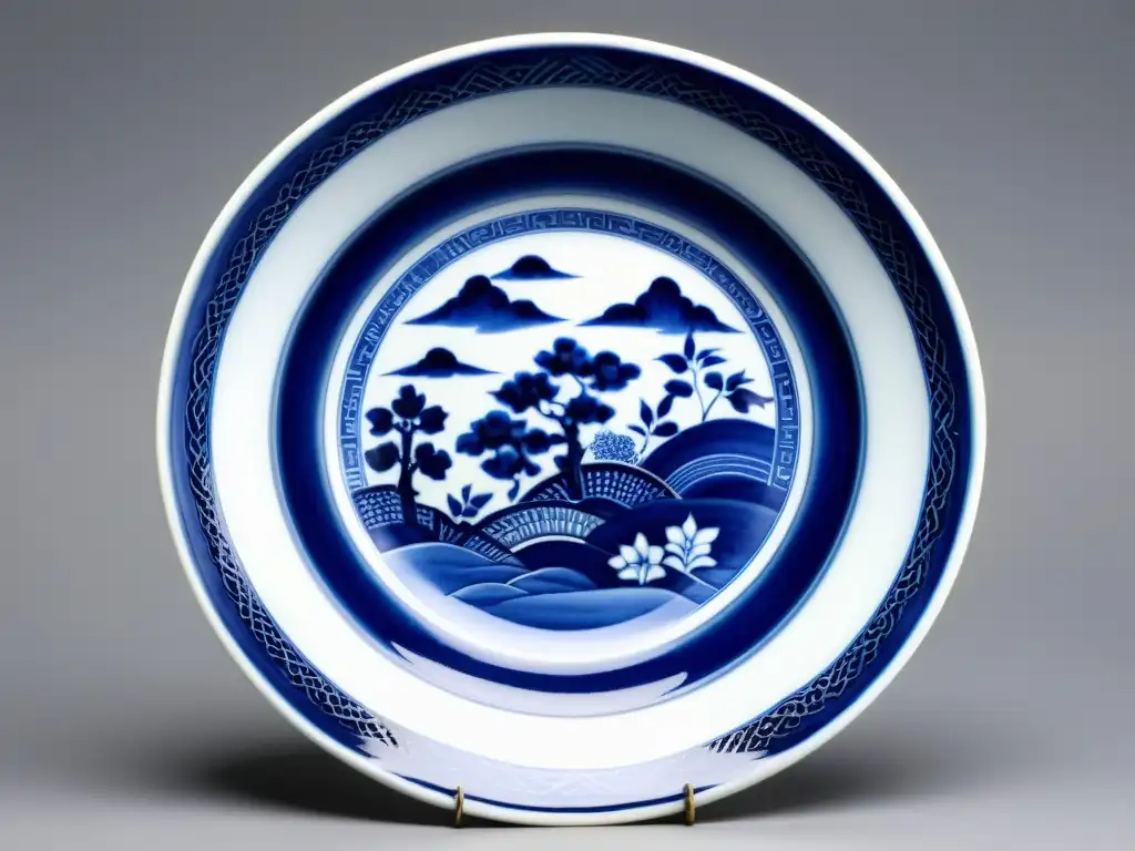 Una antigua porcelana china azul y blanca con intrincados diseños pintados a mano