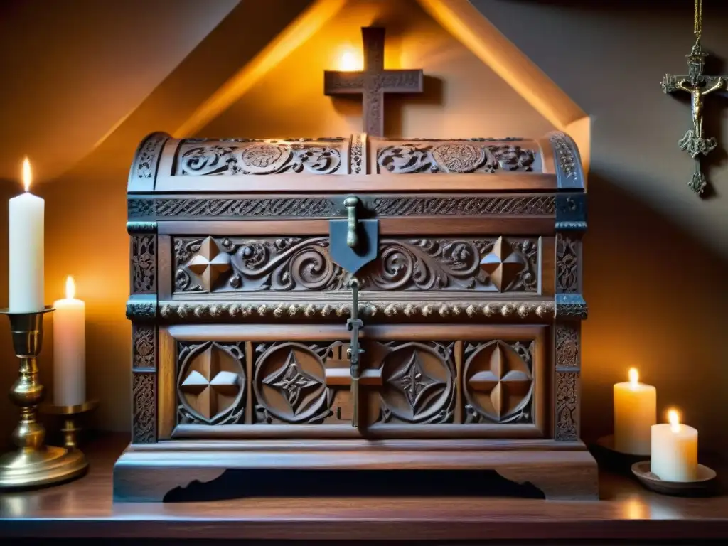 Una antigua y magníficamente tallada arqueta de madera, con símbolos religiosos, en una acogedora habitación iluminada por velas