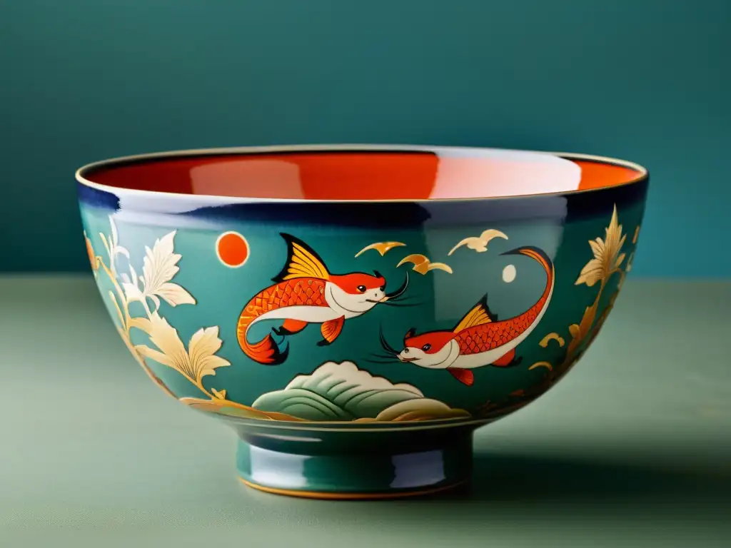 Una antigua taza japonesa de cerámica, decorada a mano con criaturas míticas y escenas históricas, resalta la narrativa y leyenda en cerámica asiática