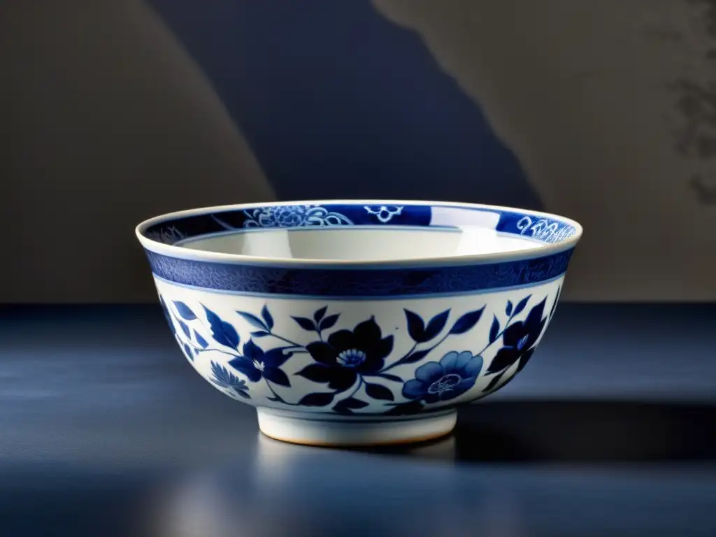 Una antigua taza de porcelana china, con patrones azules y blancos, refleja el comercio asiático en un fondo texturizado oscuro