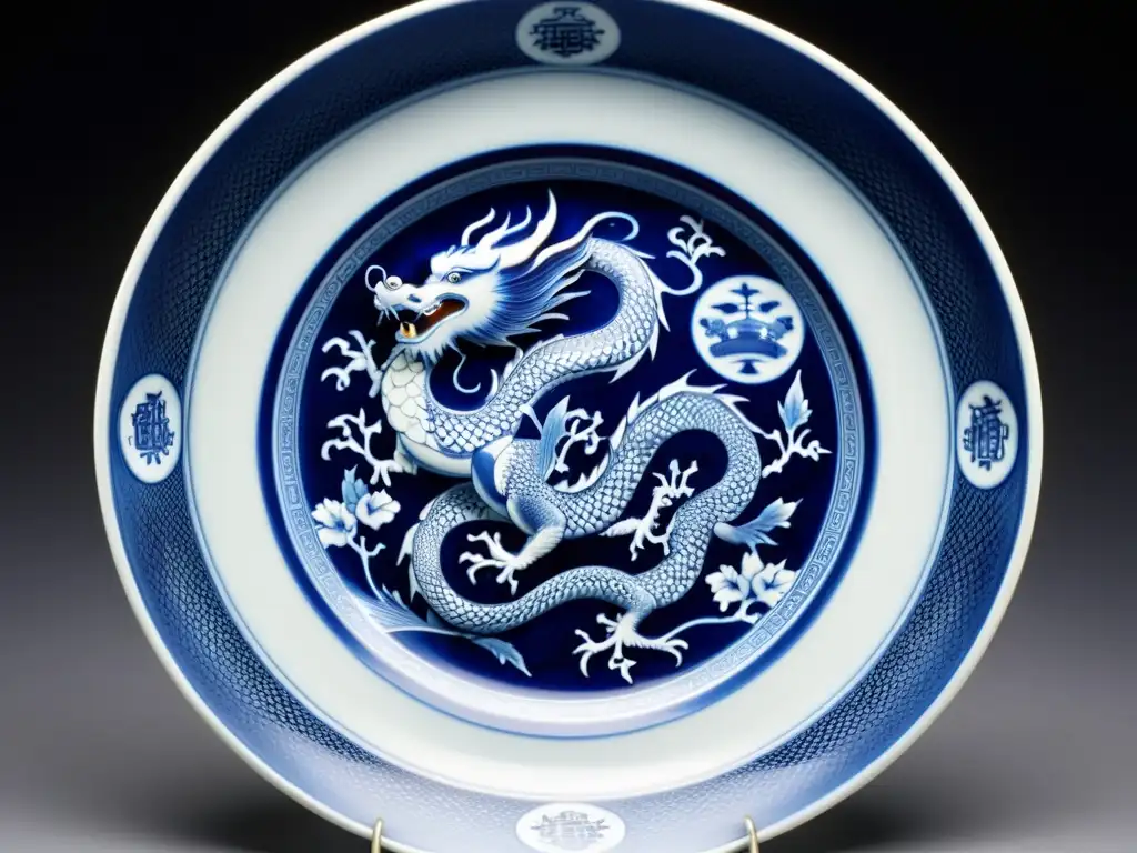 Una antigua vajilla china de porcelana, con diseños azules y blancos de dragones y fénix