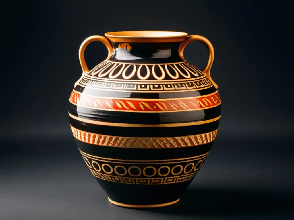 Una antigua vasija griega de cerámica, con diseños intrincados en tonos tierra de rojo, negro y dorado