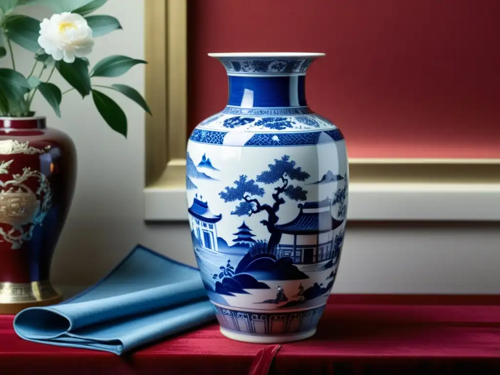 Una antigua vasija de porcelana china pintada a mano, con diseños azules y blancos que representan escenas de la naturaleza y la mitología