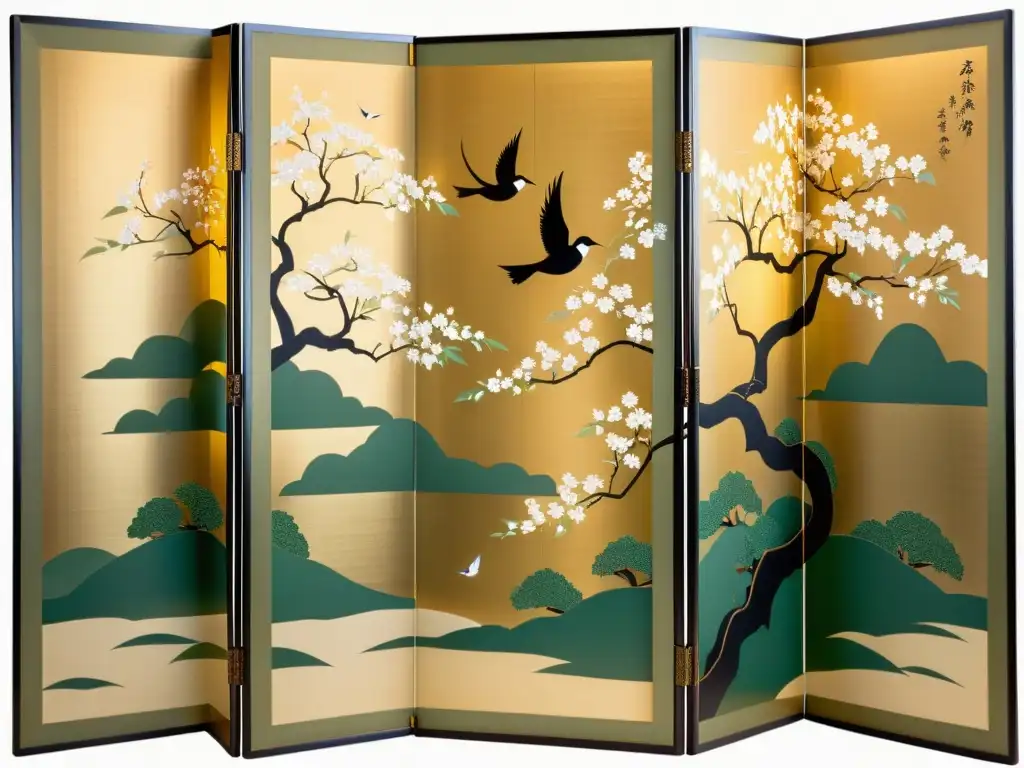 Un antiguo biombo japonés detalla patrones orientales en el arte con flores de cerezo y aves en un paisaje sereno