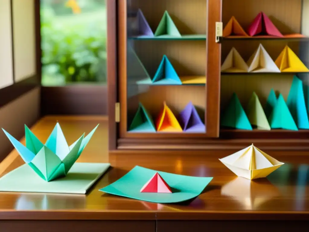 Un antiguo y cálido taller virtual de origami japonés con patrones coloridos y figuras tradicionales en una mesa de madera vintage