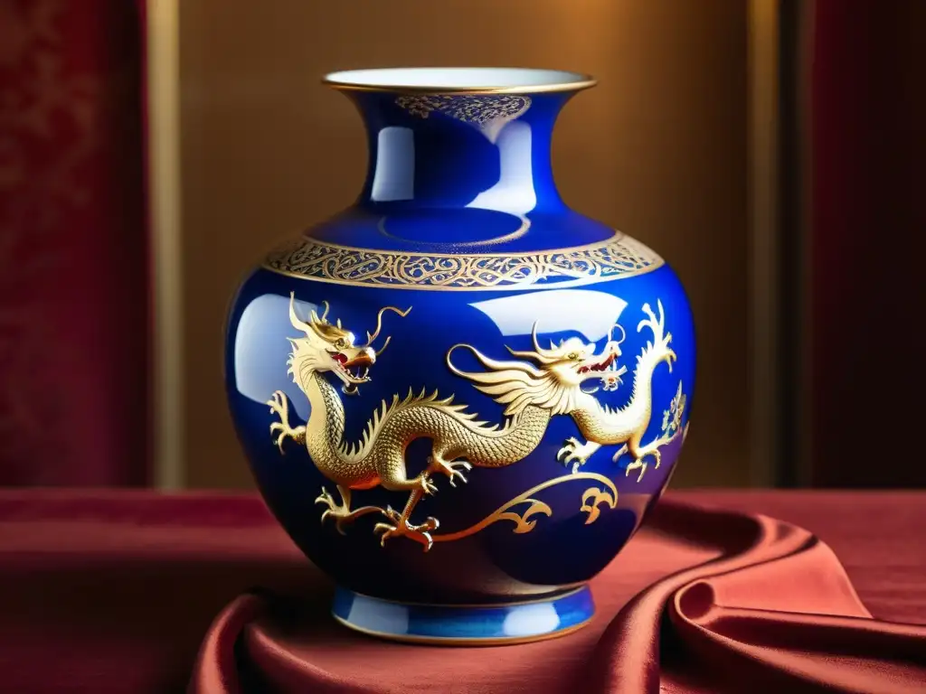 Un antiguo jarrón chino de porcelana con dragones y fénix celestiales pintados a mano, adornado con intrincados diseños de hojas de oro y esmalte azul cobalto