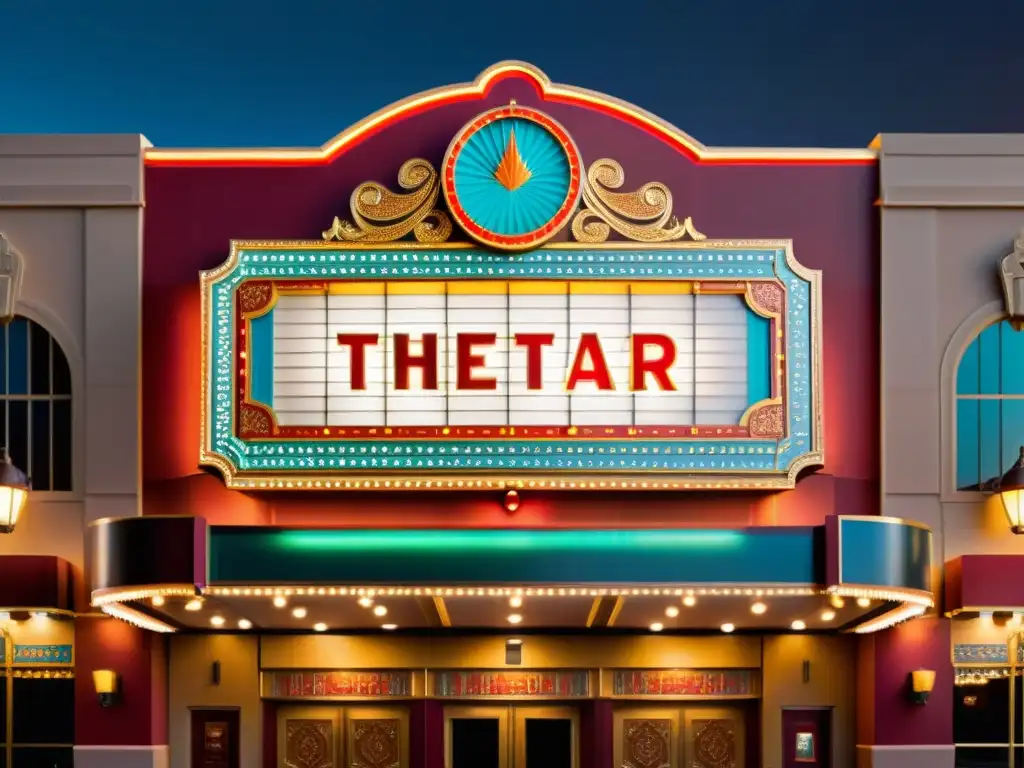 Un antiguo cine con mosaicos árabes en la entrada, iluminado por cálidas luces, evocando la elegancia y la atmósfera teatral