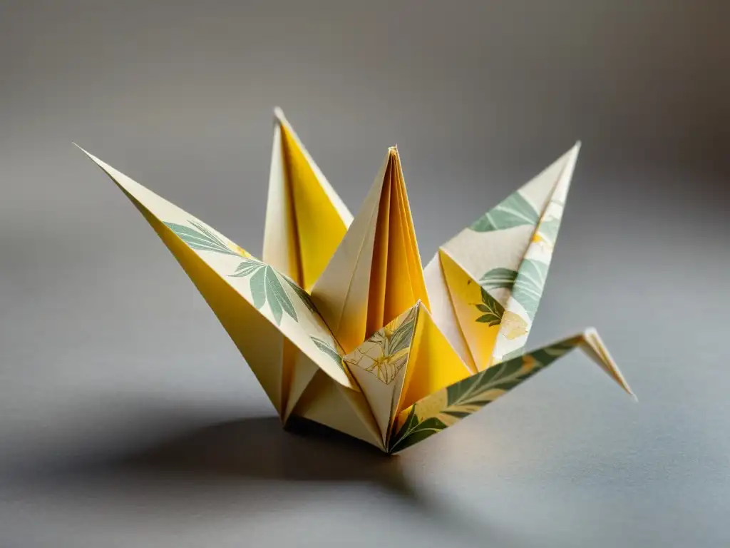 Un antiguo y delicado grulla de origami en papel amarillento con patrones florales sepia, evocando belleza y artesanía atemporal