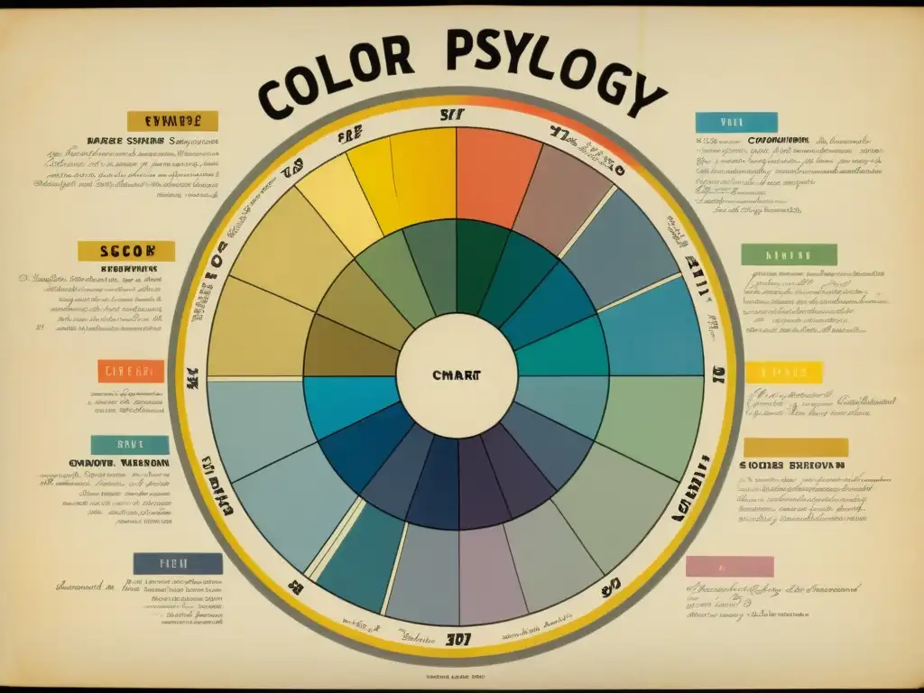 Un antiguo y detallado diagrama de rueda de color con descripciones de psicología del color y su impacto en patrones culturales en consumidores, con ilustraciones intrincadas y notas escritas a mano en elegante caligrafía cursiva