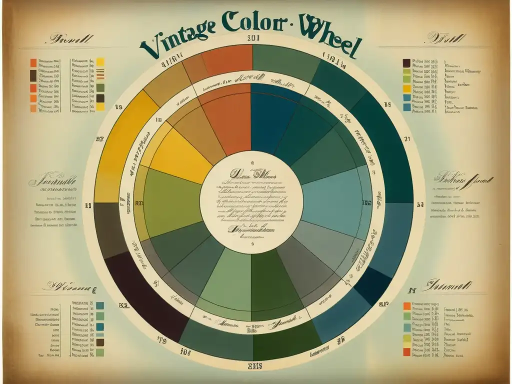 Antiguo diagrama de rueda de colores con detalles pintados a mano, mostrando una amplia gama de tonos