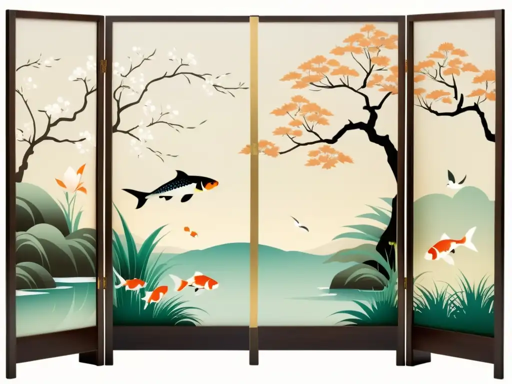Shoji japonés con jardín de cerezos y estanque de koi Un antiguo diseño japonés de shoji con patrones tradicionales, evocando elegancia cultural y artesanía atemporal