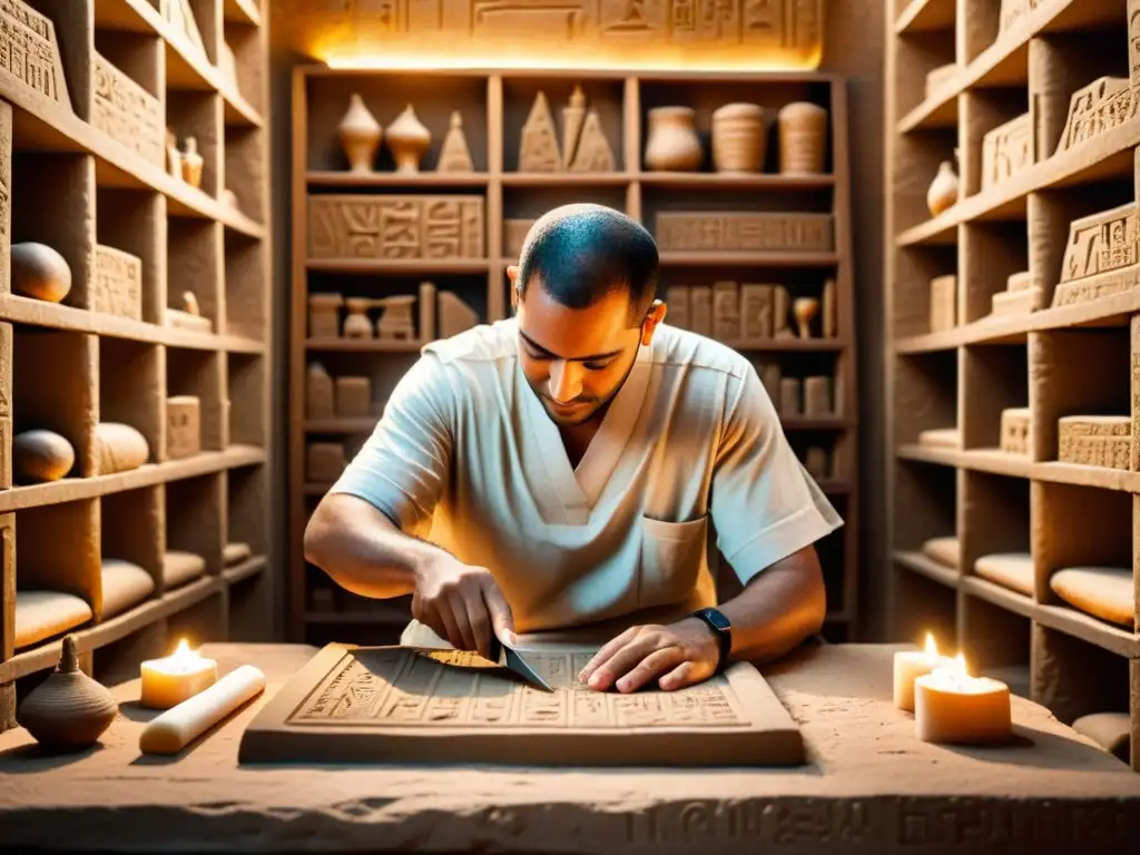 Un antiguo escriba egipcio talla hieroglíficos con dedicación en una tableta de piedra, rodeado de rollos de papiro y tabletas de arcilla