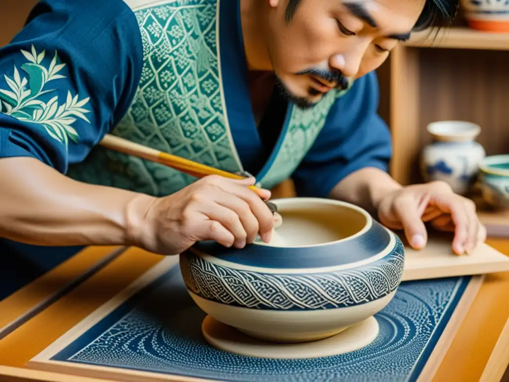 Un antiguo grabado japonés muestra un artesano creando patrones en cerámica, con influencia de patrones orientales en la impresión 3D