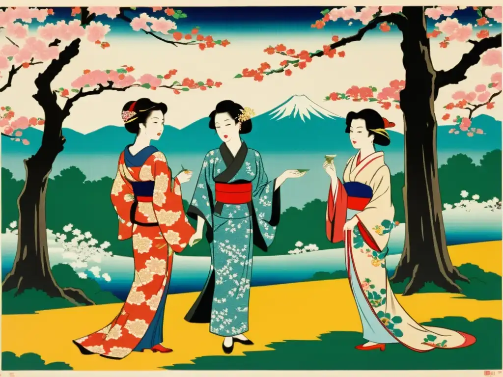 Un antiguo grabado japonés muestra mujeres elegantes en kimonos tradicionales, rodeadas de un sereno jardín con vibrantes cerezos en flor