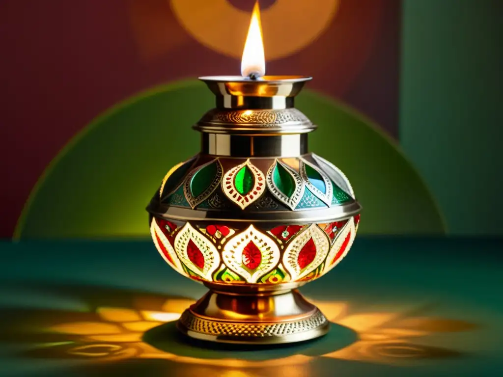 Un antiguo diya iluminado destaca sobre un fondo oscuro, creando patrones de luz y color Diwali