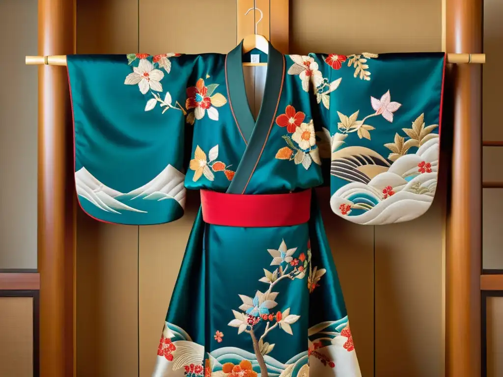 Un antiguo kimono japonés bellamente conservado, con bordados intrincados que representan escenas de la naturaleza y motivos tradicionales japoneses