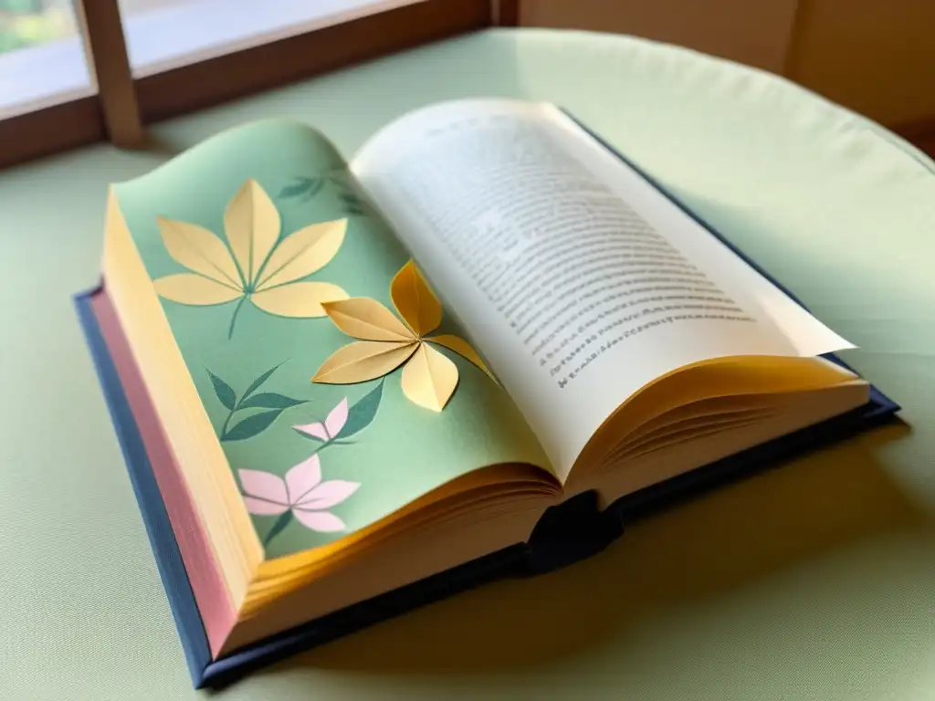 Un antiguo libro japonés de patrones de origami, ilustrado con grullas y patrones tradicionales, bañado por una cálida luz de la tarde