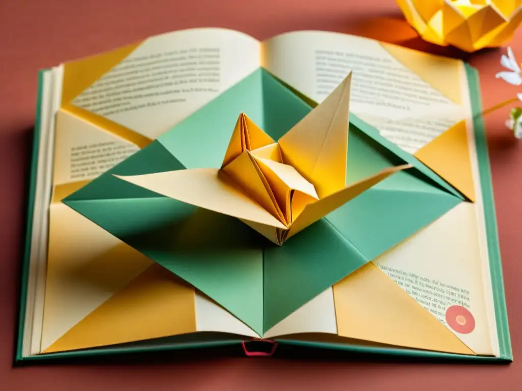 Un antiguo libro de patrones japoneses de origami con grullas, flores de cerezo y figuras geométricas