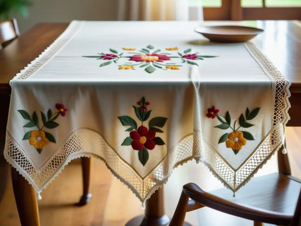 Un antiguo mantel bordado con detalles florales y encaje, iluminado por suave luz natural