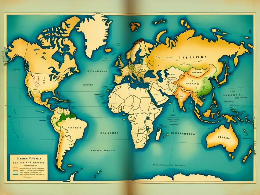 Un antiguo mapa detallando patrones de distribución de islas y archipiélagos alrededor del mundo, con un toque de exploración y aventura