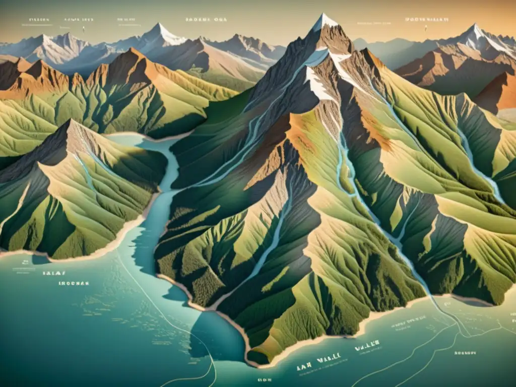 Mapa topográfico vintage de una cordillera Un antiguo mapa topográfico de una cordillera, resaltando los patrones geográficos en montañas con líneas y relieve sombreado