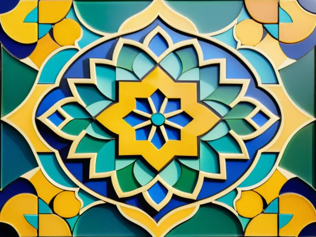 Un antiguo mosaico árabe con simbolismo y geometría divina en vibrantes colores y patina vintage