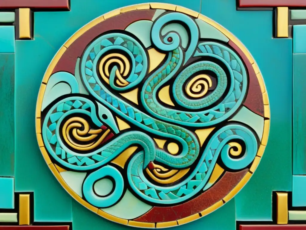 Mosaico azteca: Serpientes entrelazadas en turquesa y oro Un antiguo mosaico azteca en vibrantes colores de turquesa, oro y carmesí