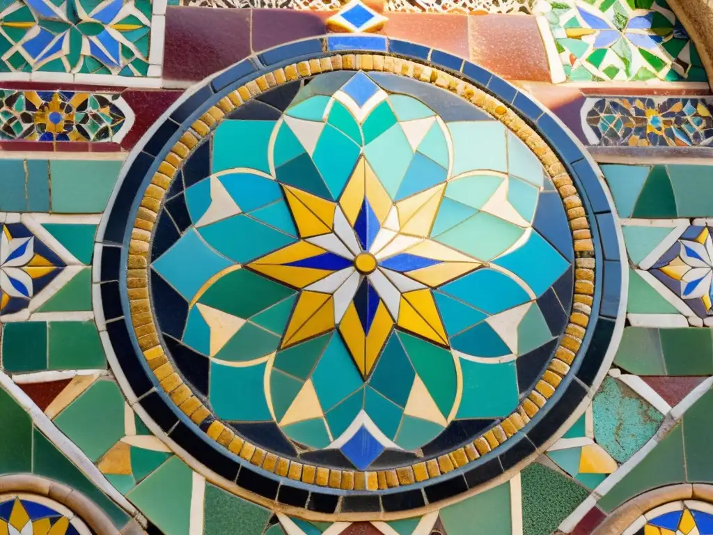 Un antiguo mosaico árabe detallado muestra colores vibrantes y patrones delicados, evocando preservación y riqueza cultural