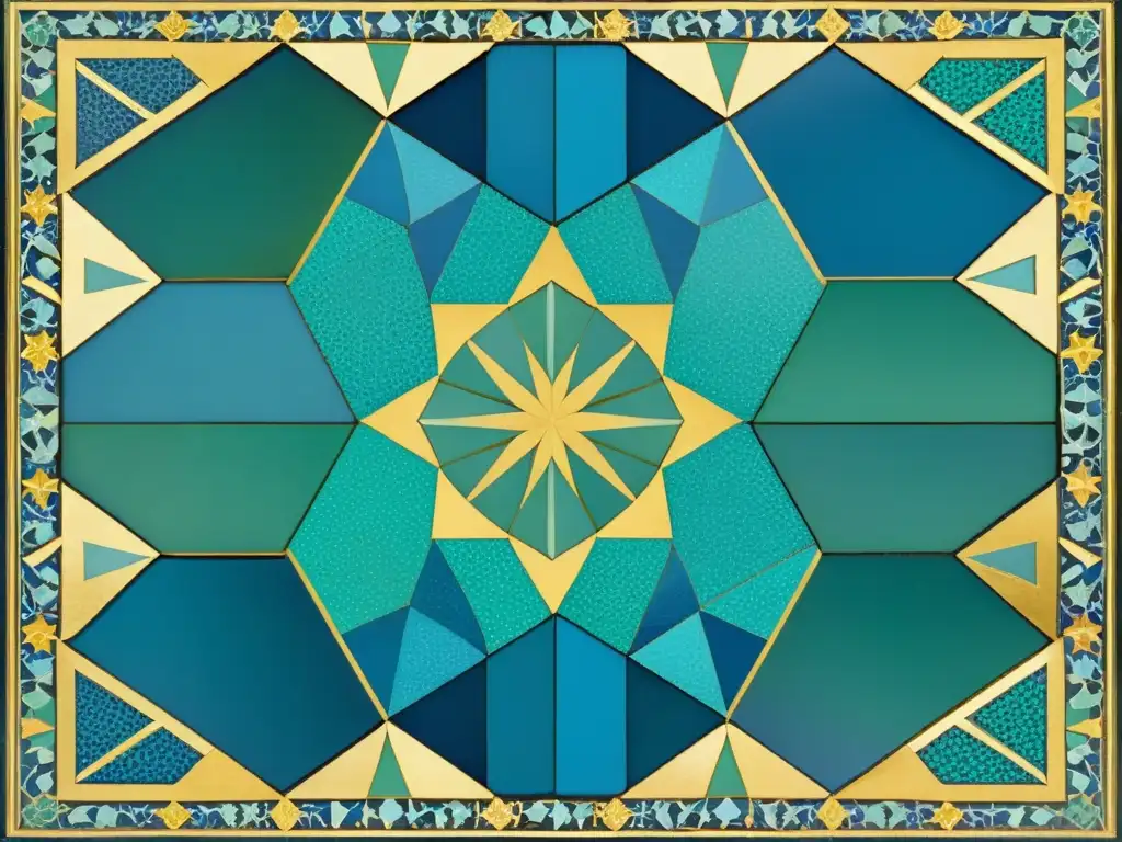 Un antiguo mosaico árabe con patrón simétrico de formas geométricas en azul, verde y dorado