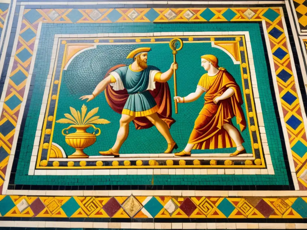 Antiguo mosaico romano con patrones artísticos culturas antiguas inmerso en mitología y coloridos detalles